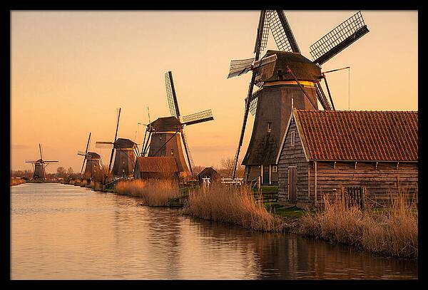 Row Of Windmills At Sunset