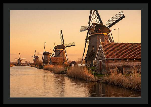 Row Of Windmills At Sunset