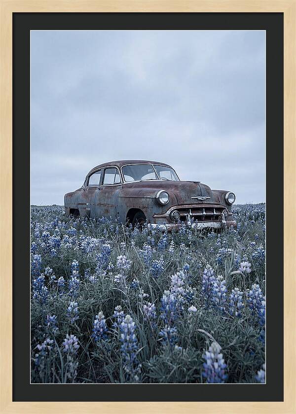 Rusted Classic Car Among Wildflowers
