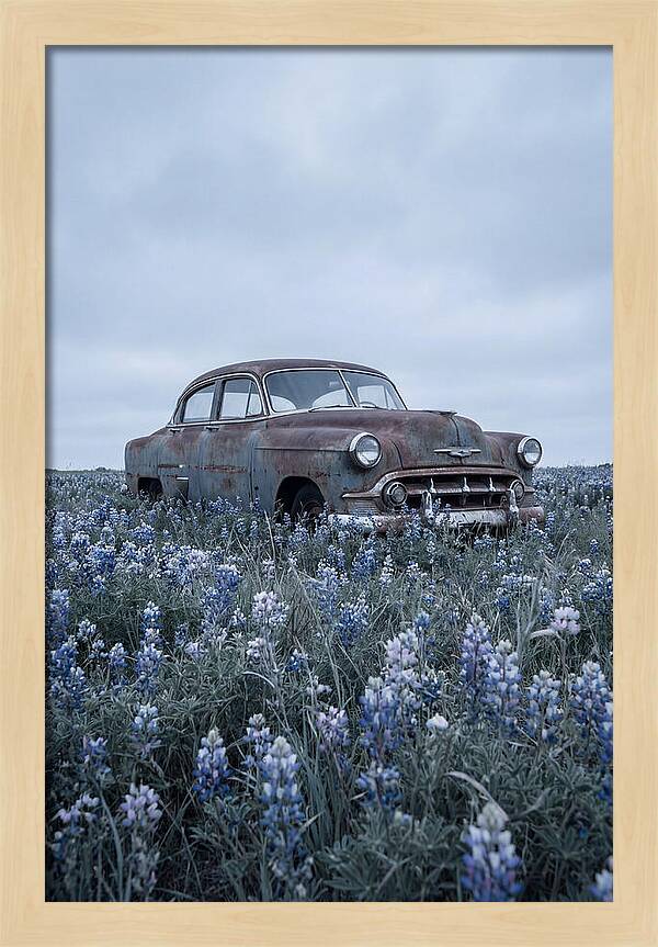 Rusted Classic Car Among Wildflowers