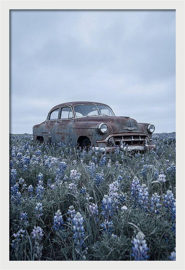 Rusted Classic Car Among Wildflowers