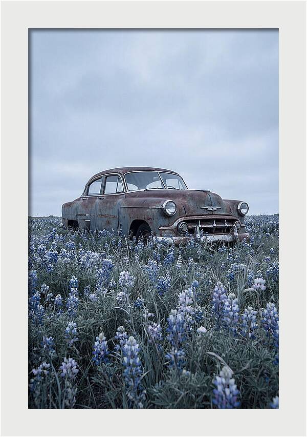 Rusted Classic Car Among Wildflowers
