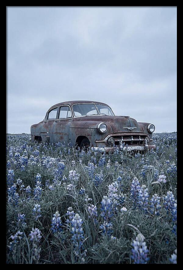 Rusted Classic Car Among Wildflowers