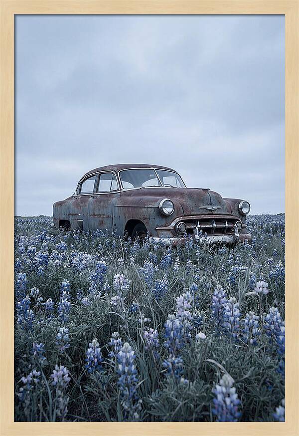 Rusted Classic Car Among Wildflowers