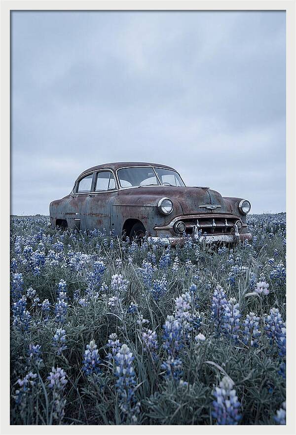 Rusted Classic Car Among Wildflowers