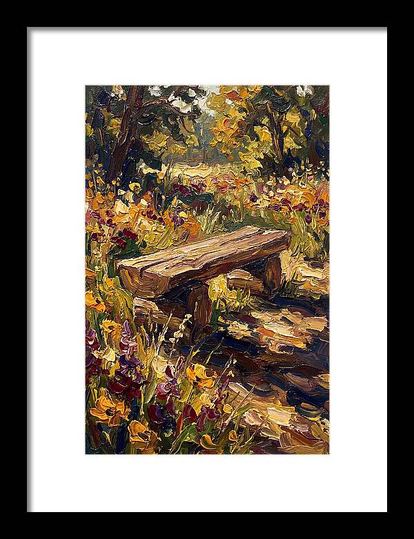 Rustic Log Bench Surrounded By Wildflowers
