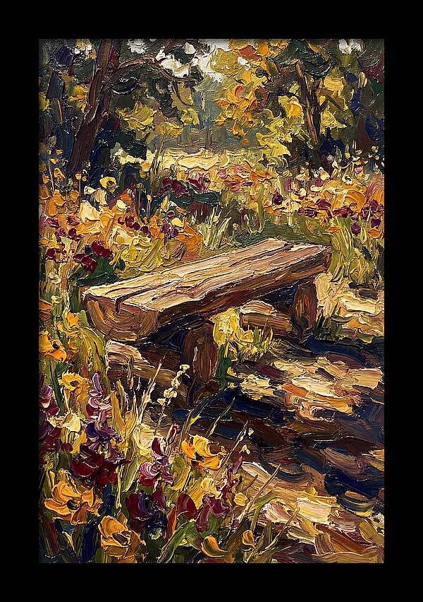 Rustic Log Bench Surrounded By Wildflowers