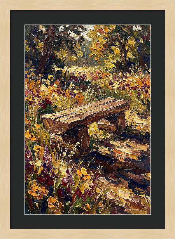 Rustic Log Bench Surrounded By Wildflowers