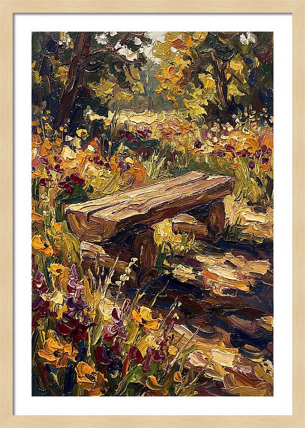 Rustic Log Bench Surrounded By Wildflowers