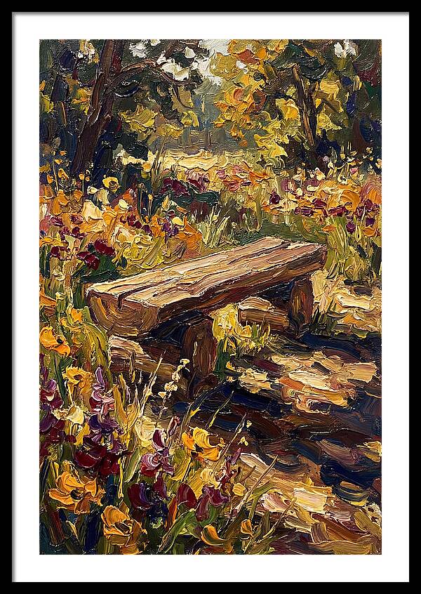 Rustic Log Bench Surrounded By Wildflowers