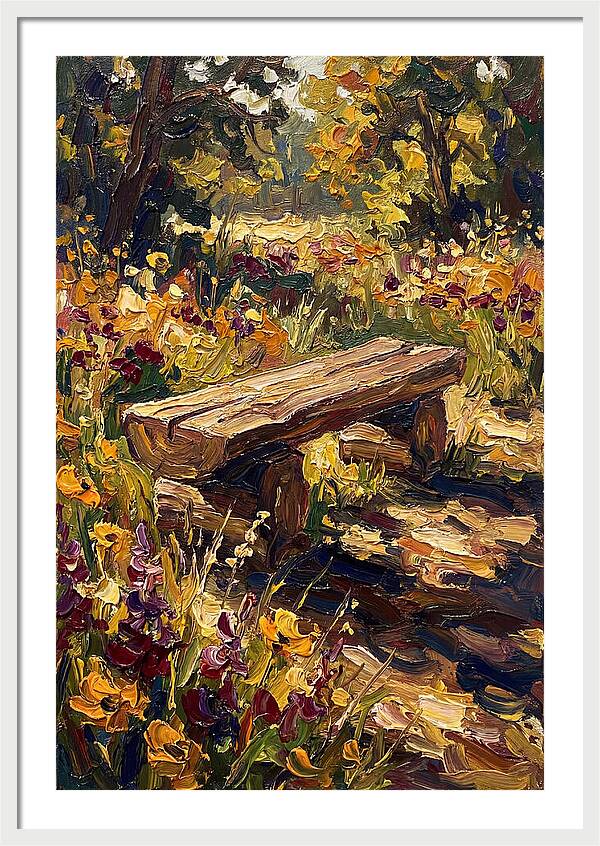 Rustic Log Bench Surrounded By Wildflowers
