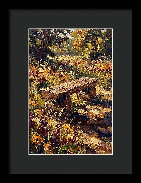Rustic Log Bench Surrounded By Wildflowers