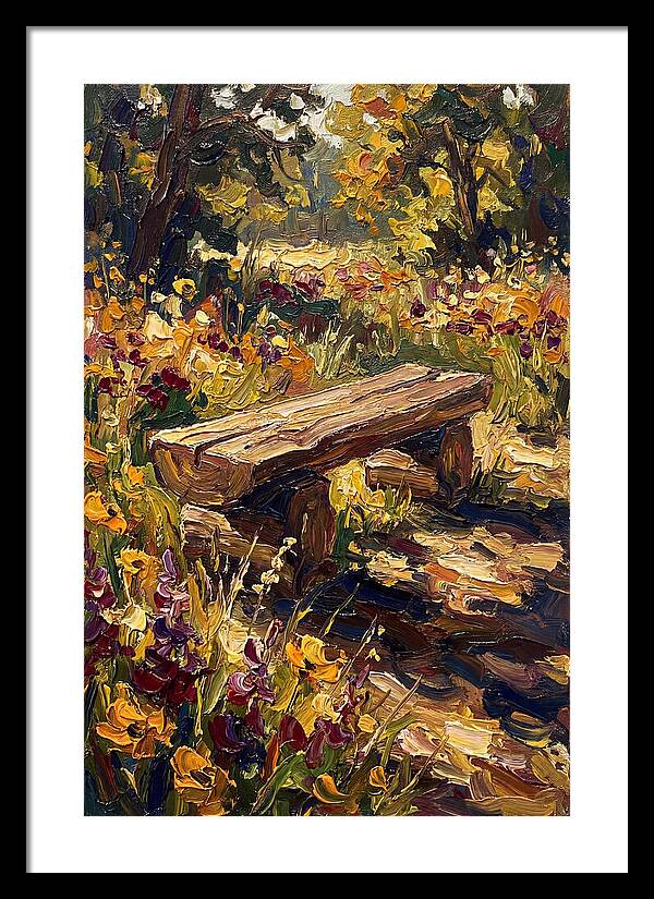Rustic Log Bench Surrounded By Wildflowers