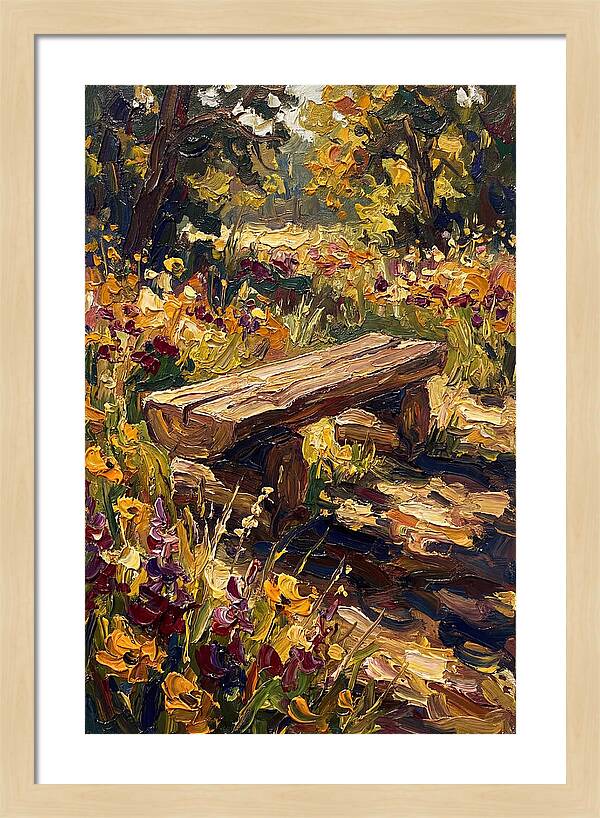 Rustic Log Bench Surrounded By Wildflowers