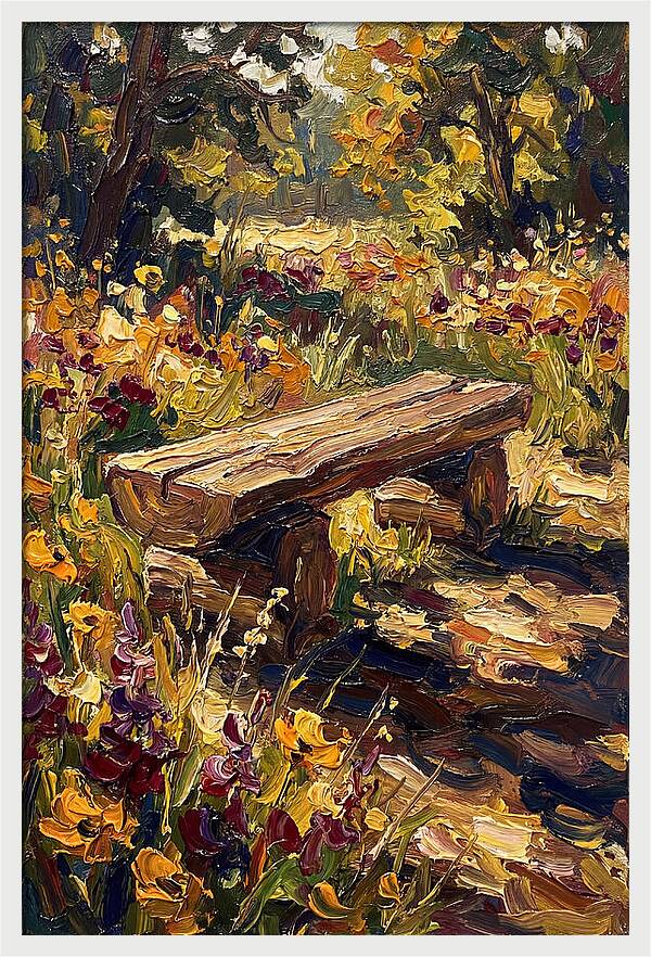 Rustic Log Bench Surrounded By Wildflowers