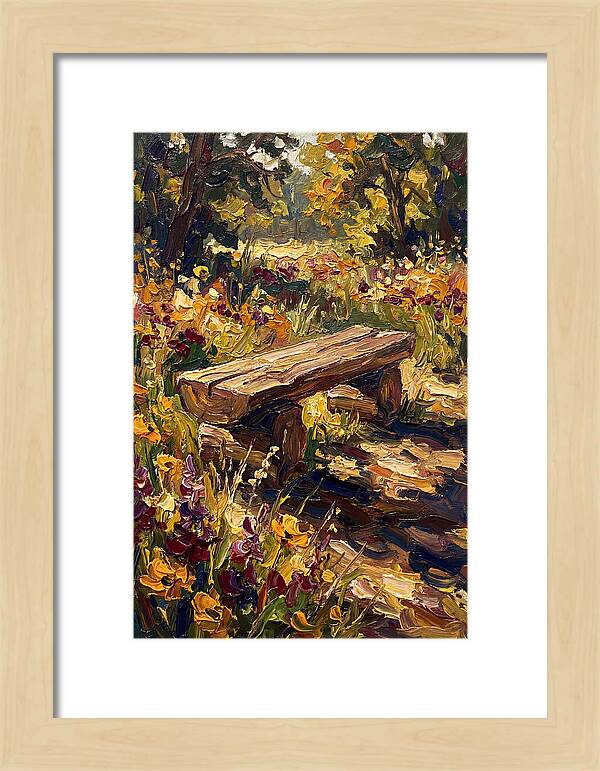 Rustic Log Bench Surrounded By Wildflowers