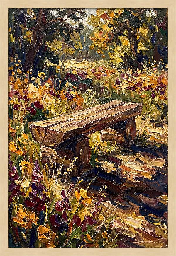 Rustic Log Bench Surrounded By Wildflowers