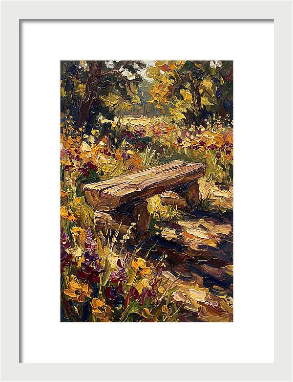 Rustic Log Bench Surrounded By Wildflowers