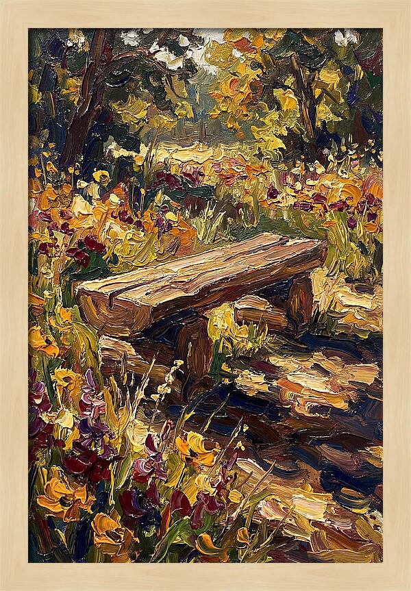 Rustic Log Bench Surrounded By Wildflowers