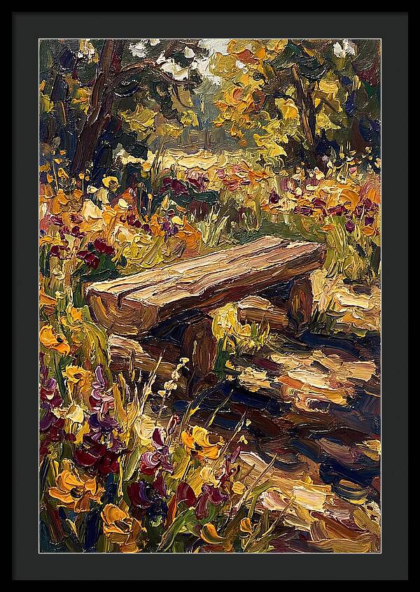 Rustic Log Bench Surrounded By Wildflowers