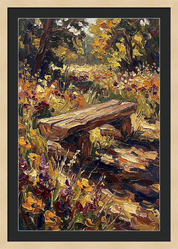 Rustic Log Bench Surrounded By Wildflowers