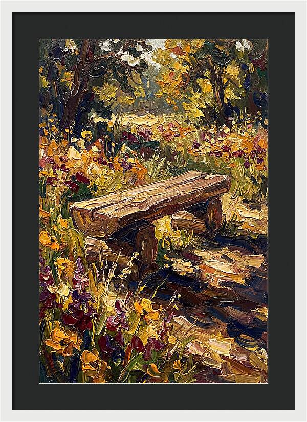 Rustic Log Bench Surrounded By Wildflowers