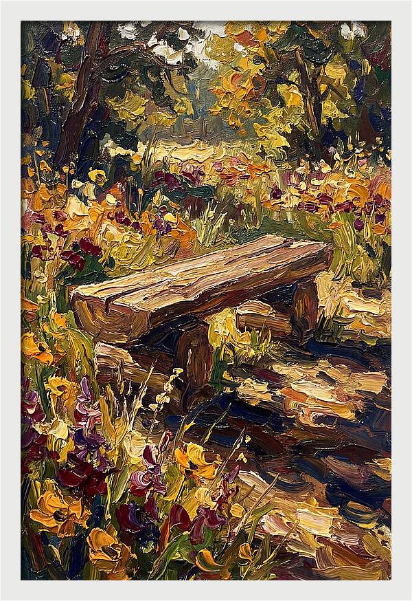 Rustic Log Bench Surrounded By Wildflowers