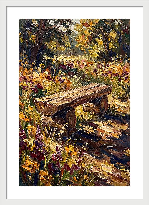 Rustic Log Bench Surrounded By Wildflowers