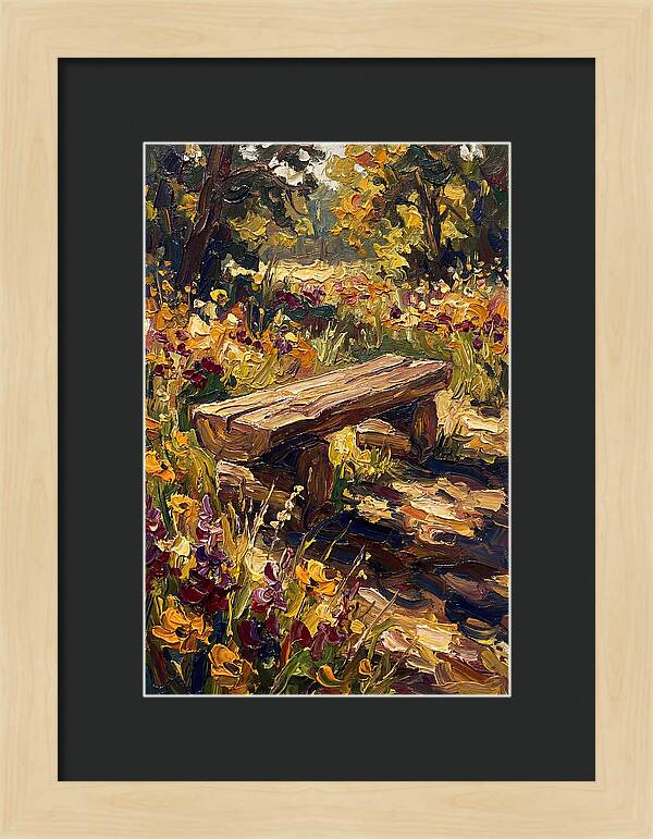 Rustic Log Bench Surrounded By Wildflowers