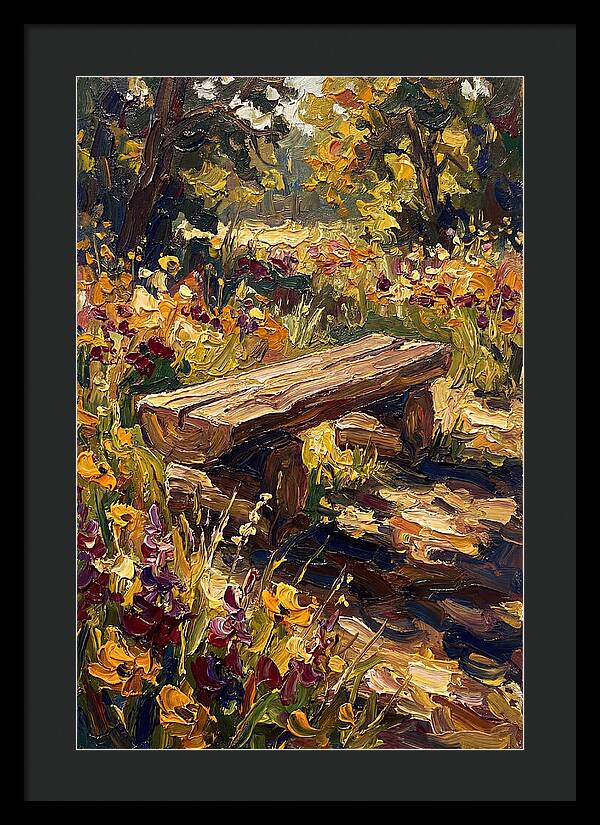 Rustic Log Bench Surrounded By Wildflowers