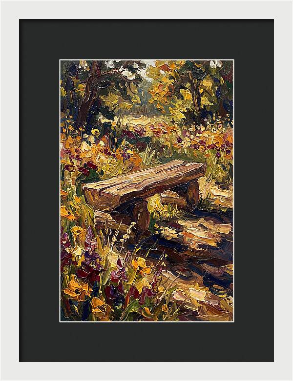 Rustic Log Bench Surrounded By Wildflowers
