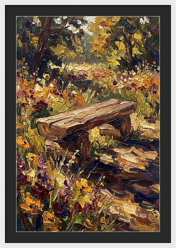 Rustic Log Bench Surrounded By Wildflowers