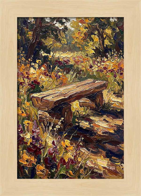 Rustic Log Bench Surrounded By Wildflowers