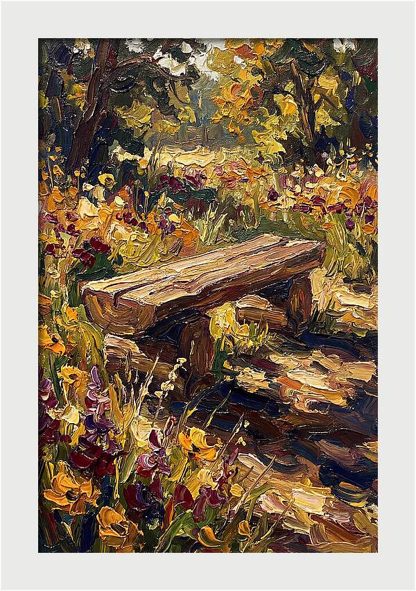 Rustic Log Bench Surrounded By Wildflowers