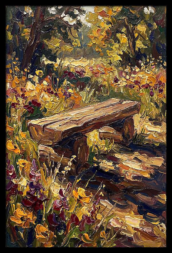 Rustic Log Bench Surrounded By Wildflowers