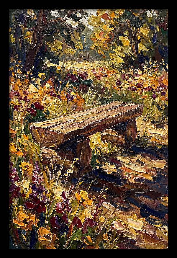 Rustic Log Bench Surrounded By Wildflowers
