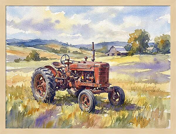 Rustic Red Tractor In Pastoral Landscape