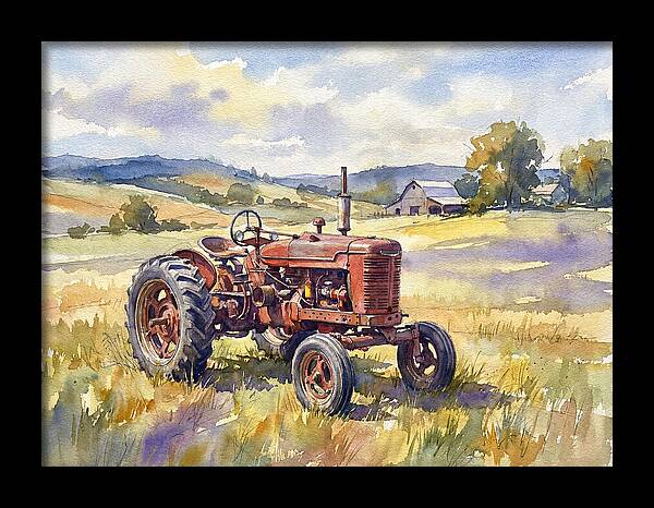 Rustic Red Tractor In Pastoral Landscape