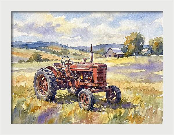 Rustic Red Tractor In Pastoral Landscape