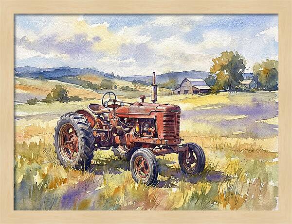 Rustic Red Tractor In Pastoral Landscape