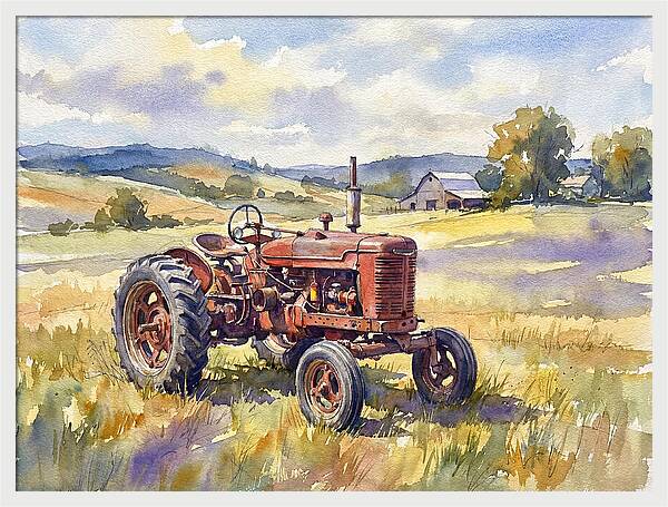Rustic Red Tractor In Pastoral Landscape
