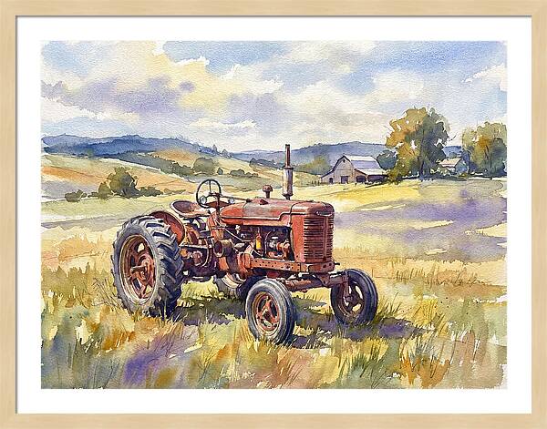 Rustic Red Tractor In Pastoral Landscape