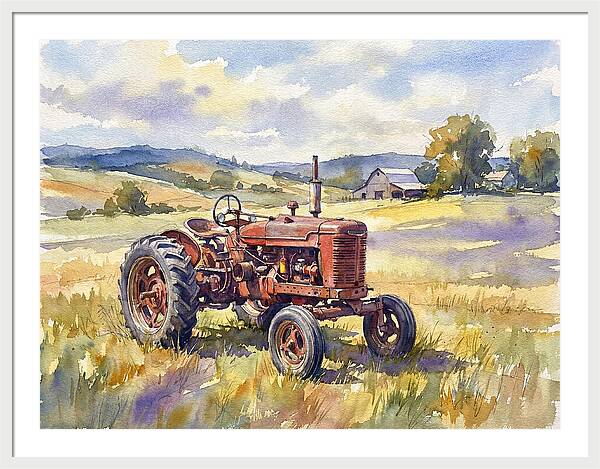 Rustic Red Tractor In Pastoral Landscape