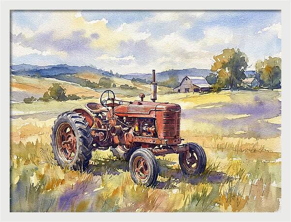 Rustic Red Tractor In Pastoral Landscape