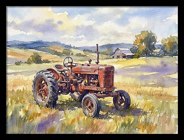 Rustic Red Tractor In Pastoral Landscape
