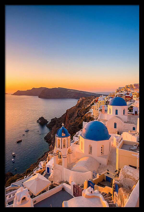 Santorini Blue Domes At Sunset