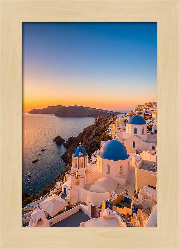 Santorini Blue Domes At Sunset