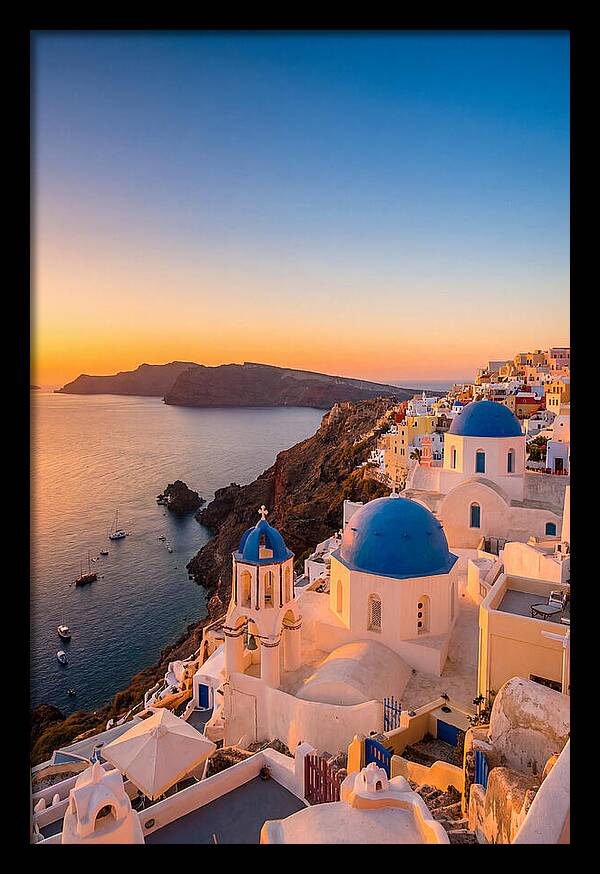 Santorini Blue Domes At Sunset