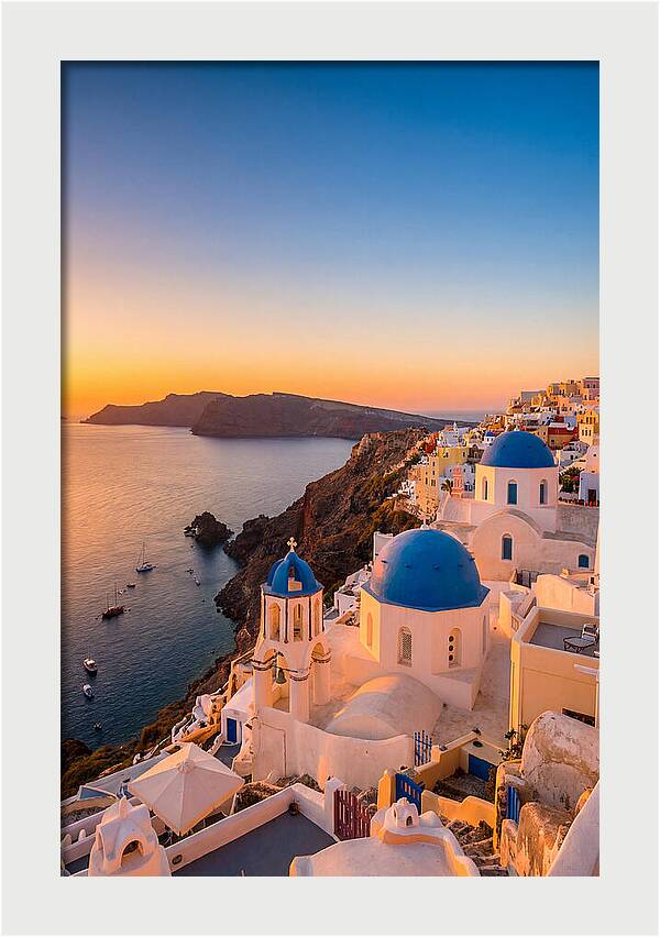 Santorini Blue Domes At Sunset