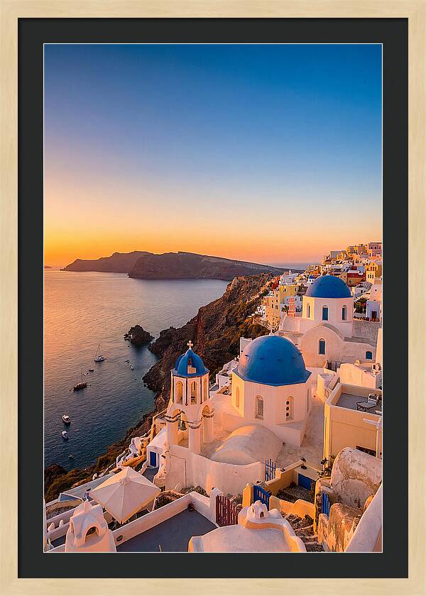 Santorini Blue Domes At Sunset